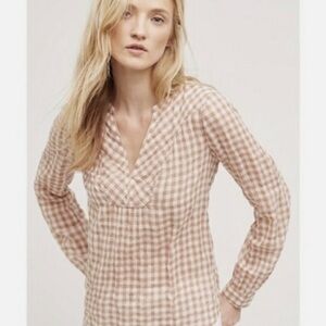 HOLDING HORSES Anthropologie Tan Devon Plaid Gingham Popover Blouse
